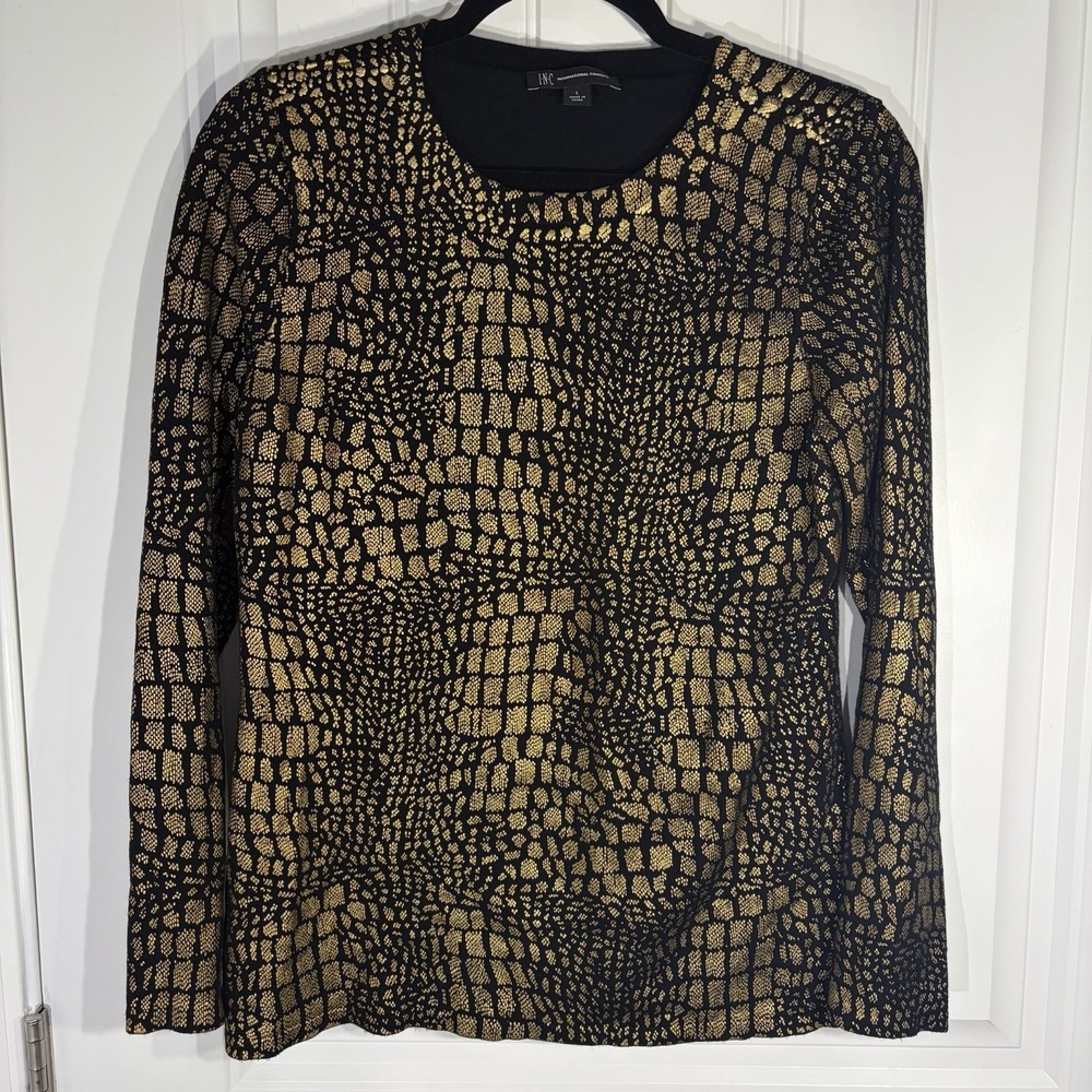 INC Metallic Snake Print Black Gold Long Sleeve Tshirt Womans Glam Large Indie